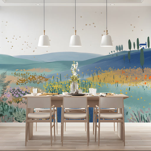 A bright, cheerful dining space with the landscape wallpaper, enhancing creativity and calm.