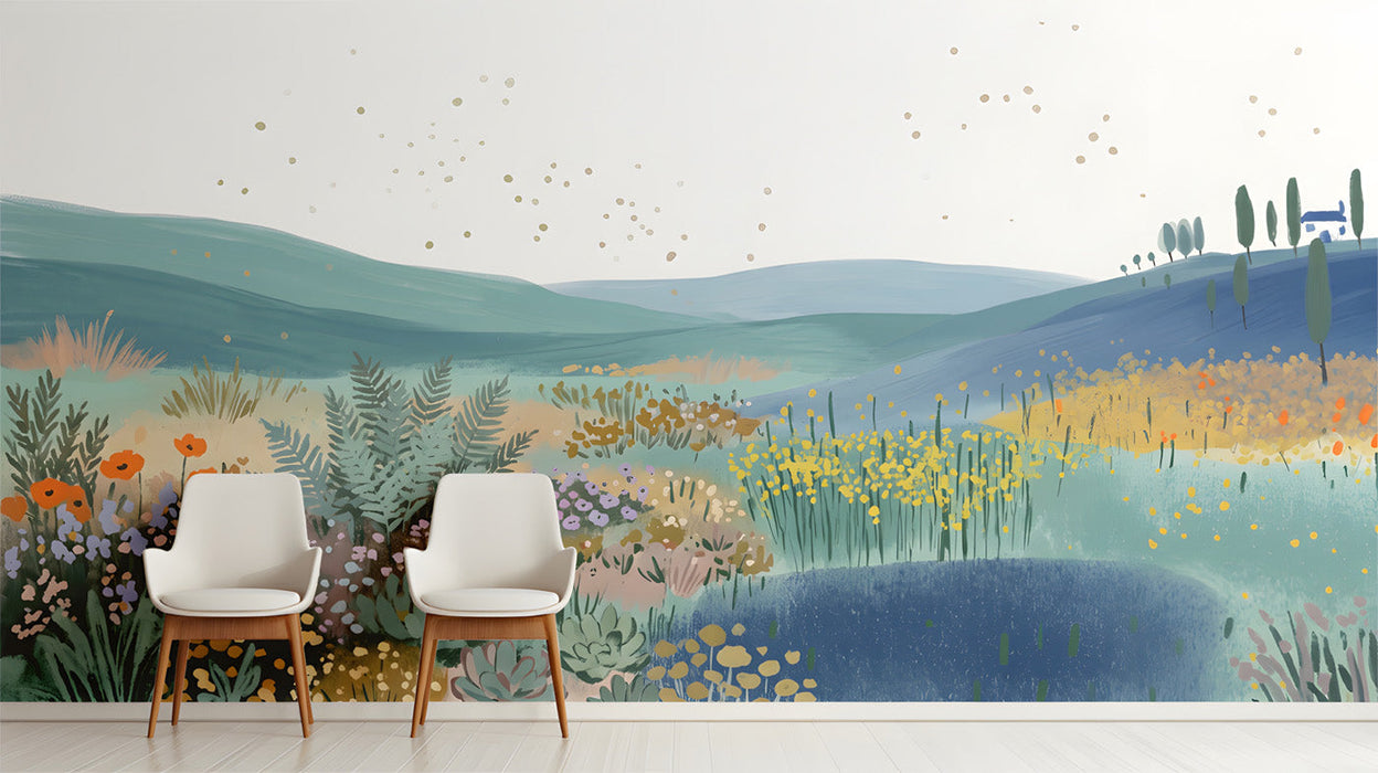 The meadow mural installed in a light-filled entryway with wooden furniture and neutral decor.