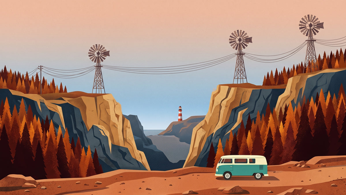 Graphic landscape wallpaper featuring amber pine forests, wind turbines, a lighthouse, and a teal campervan.