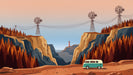 Graphic landscape wallpaper featuring amber pine forests, wind turbines, a lighthouse, and a teal campervan.