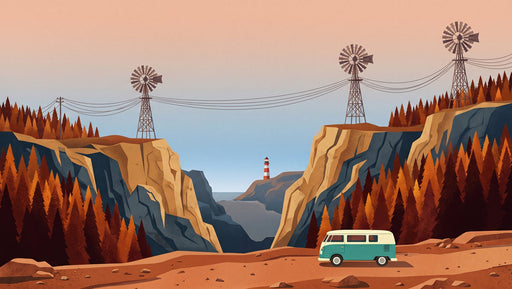 Graphic landscape wallpaper featuring amber pine forests, wind turbines, a lighthouse, and a teal campervan.
