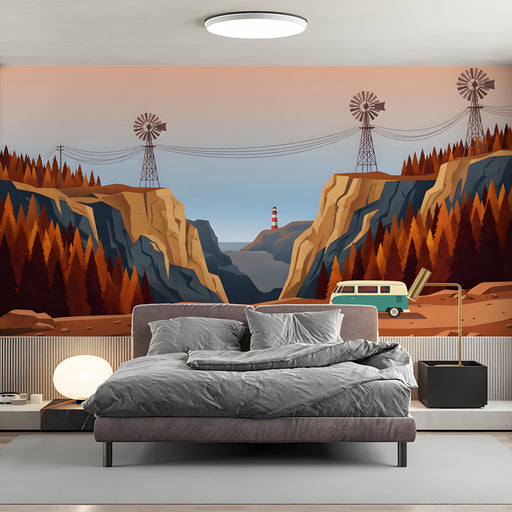 Adventure-themed wallpaper mural in a bright kid’s room with natural wood accents.