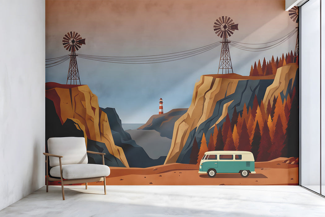 Retro travel-inspired mural installed in a cozy living room with mid-century modern furniture.