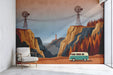 Retro travel-inspired mural installed in a cozy living room with mid-century modern furniture.