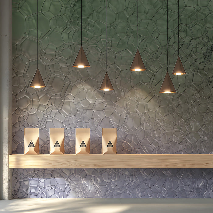 Shopping interior featuring an airy macro foam pattern wallpaper