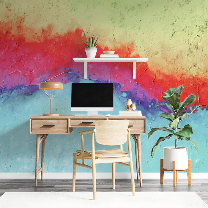 Study interior with a bold and energetic abstract mural on the main wall
