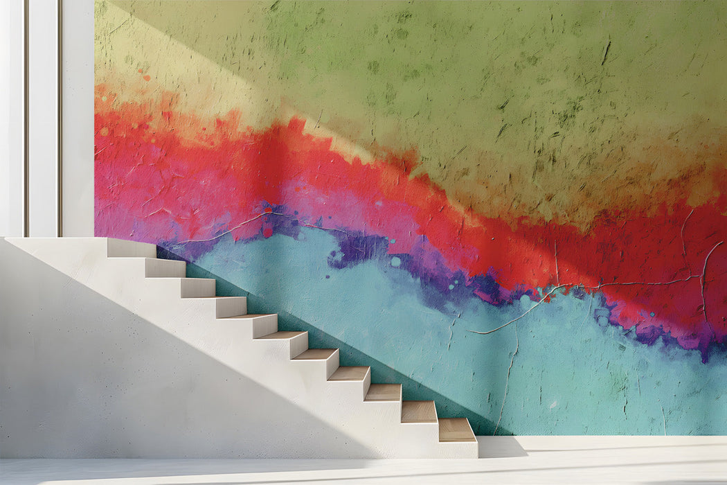 Bright entryway featuring an abstract wave mural as a vibrant accent wall