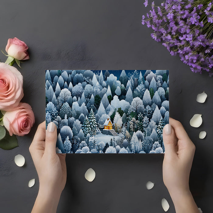 A quiet home office featuring a frost-covered tree mural for a peaceful, focused workspace.