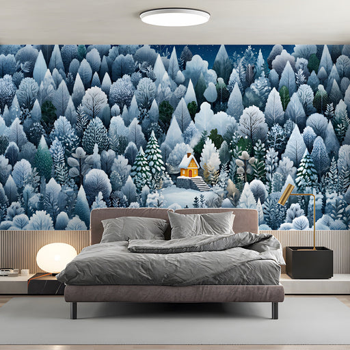 A serene reading nook with a winter cabin mural that brings a sense of calm and isolation.