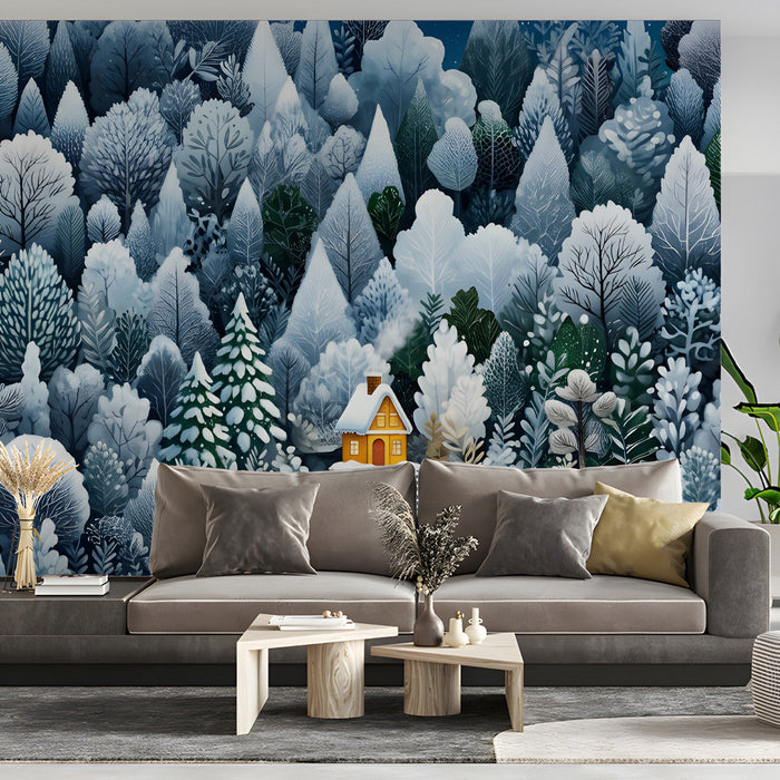 A cozy bedroom with a snowy forest mural on the wall and warm ambient lighting.
