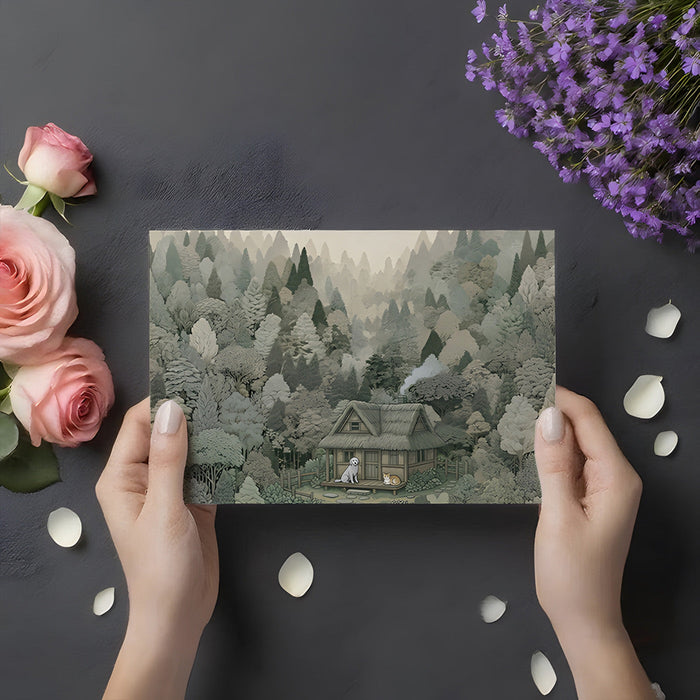A home office workspace with a calming forest cabin scene as a creative feature wall.