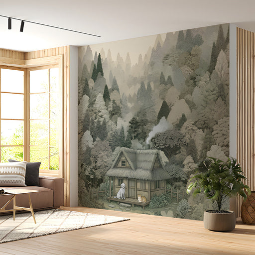 A tranquil reading nook decorated with a detailed forest landscape wallpaper and a comfy velvet chair.