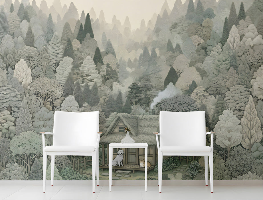 A cozy entryway featuring a wall-to-wall forest cabin mural behind a wooden bed frame.