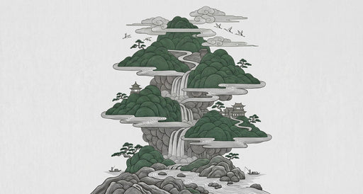 Oriental landscape mural featuring emerald green mountains, charcoal line art, waterfalls, and pagoda motifs on off-white.