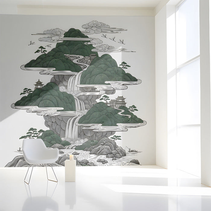 Elegant study wall adorned with a mountain landscape mural, complementing natural decor and clean interior lines.
