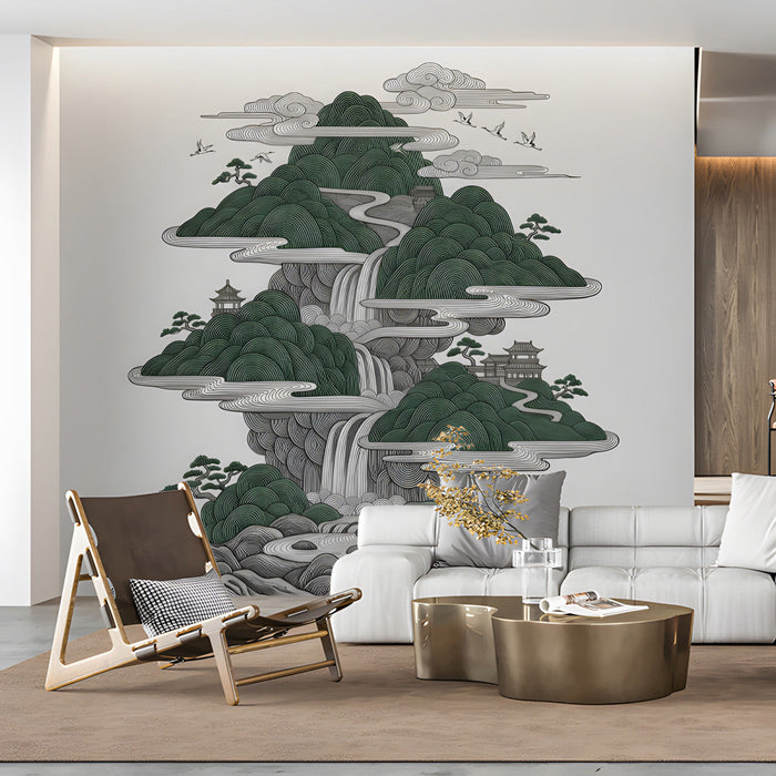 Living room featuring an Oriental landscape mural, paired with light wood furniture and a minimalist aesthetic.