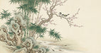 Traditional ink wash mural wallpaper featuring bamboo, flowering branches, birds, and scholar stones on parchment background