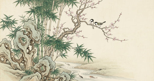 Traditional ink wash mural wallpaper featuring bamboo, flowering branches, birds, and scholar stones on parchment background