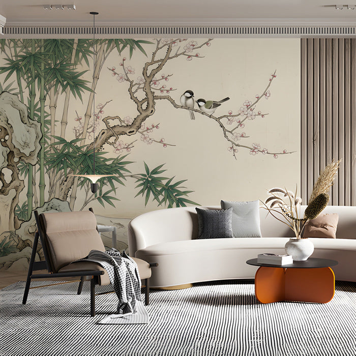 Calm dining room atmosphere with serene oriental landscape wallpaper creating a peaceful focal point