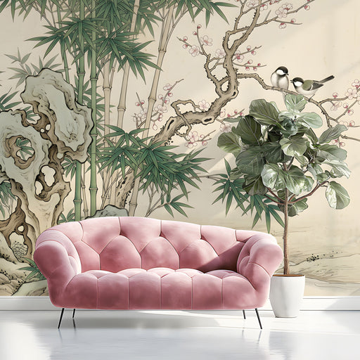 Close-up of bedroom wall decorated with tranquil oriental garden wallpaper featuring birds and bamboo