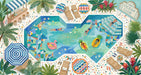 A hand-painted mural of an outdoor pool scene with people, palm trees, colorful umbrellas, and a speckled terrazzo ground.