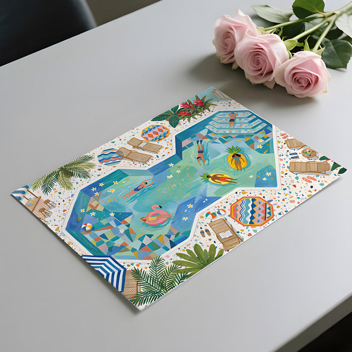 A vibrant dining room with the whimsical summer pool mural creating an energetic holiday vibe.