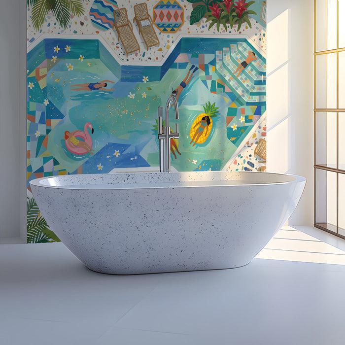A cozy bathroom decorated with a tropical pool party wallpaper mural and wicker furniture.