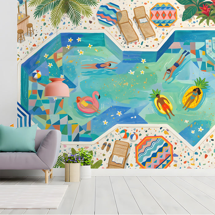 A bright, cheerful playroom featuring the pool scene mural on the main feature wall.