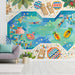 A bright, cheerful playroom featuring the pool scene mural on the main feature wall.