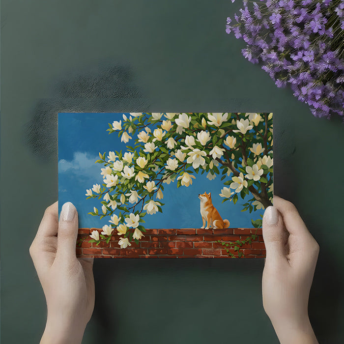 Cozy office space featuring a serene magnolia tree and dog mural on a focal wall behind a wooden desk