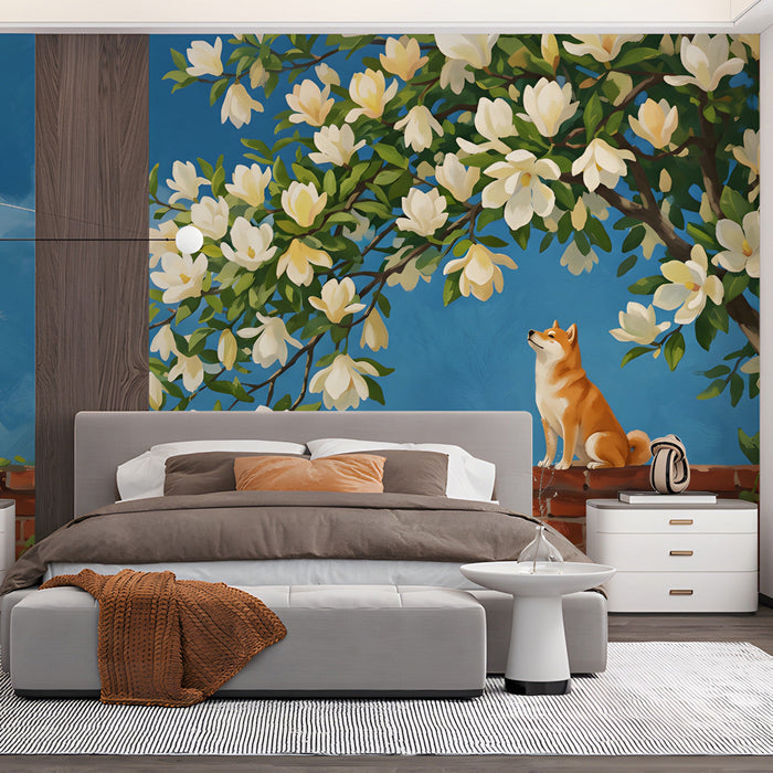A sunny  bedroom with a decorative wall mural depicting a garden scene with a Shiba Inu and blossoms
