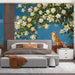 A sunny  bedroom with a decorative wall mural depicting a garden scene with a Shiba Inu and blossoms