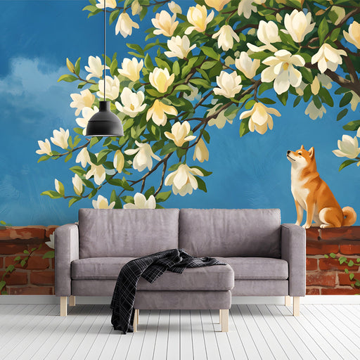 Living room with a mural of a Shiba Inu and magnolia tree on the main wall behind a cream sofa