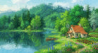 Oil painting style mural featuring a lakeside cottage, vegetable garden, and lush forest.