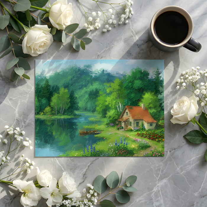 Country cottage scene mural displayed in a bright dining room with farmhouse decor.