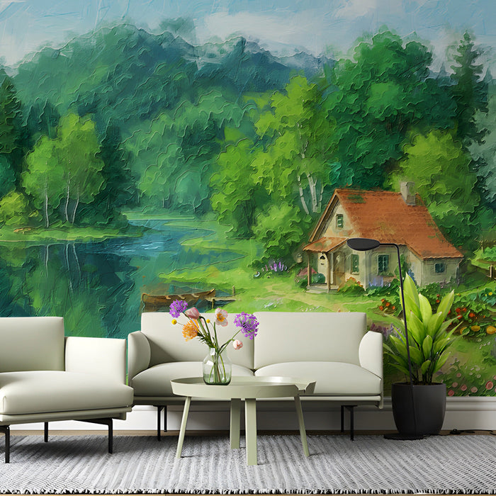 Impressionist forest and lake mural featured in a home office reading nook.