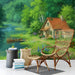 Lakeside landscape wallpaper installed in a cozy bedroom with wooden furniture.