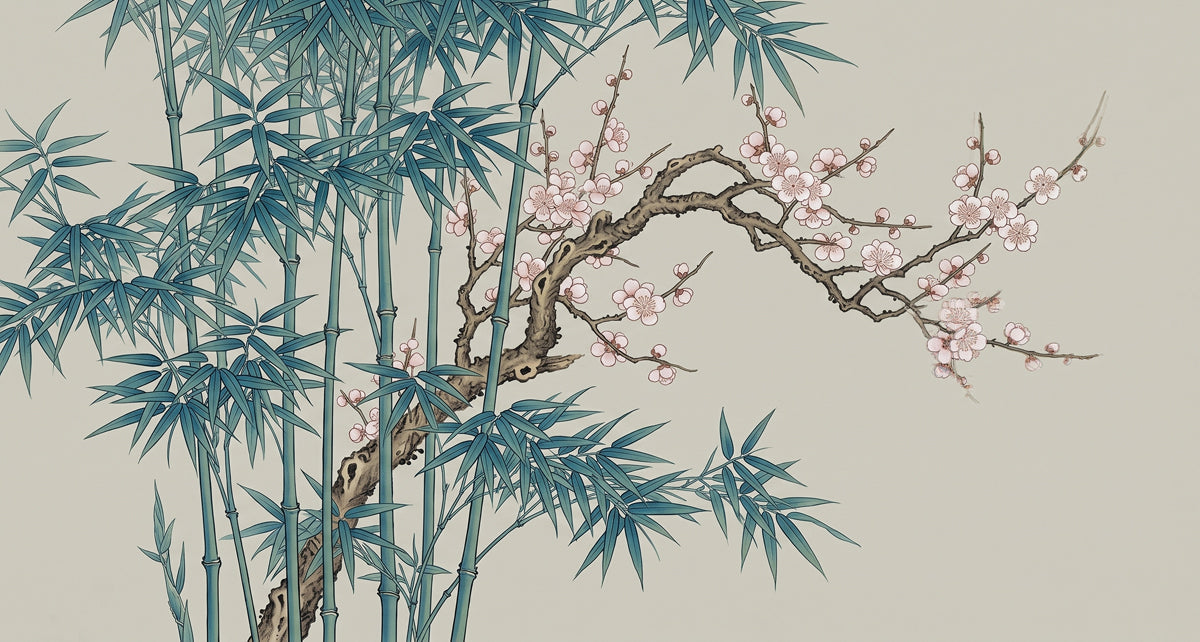 Botanical wallpaper with teal bamboo stalks and pink plum blossoms on a warm beige background