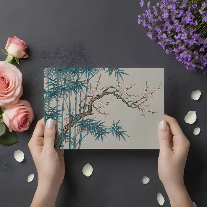 Elegant chinoiserie style wall mural behind a dining room table with neutral decor