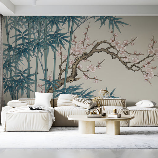 Nature-inspired floral mural in a bright home office setting with minimalist accents