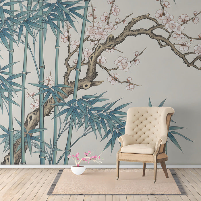 Bamboo and plum blossom wallpaper installed in a peaceful entryway with light wood furniture