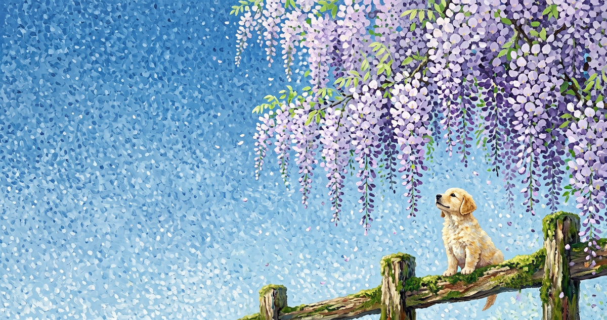 A golden puppy sitting on a mossy fence under a canopy of purple wisteria blossoms in an impressionistic style.