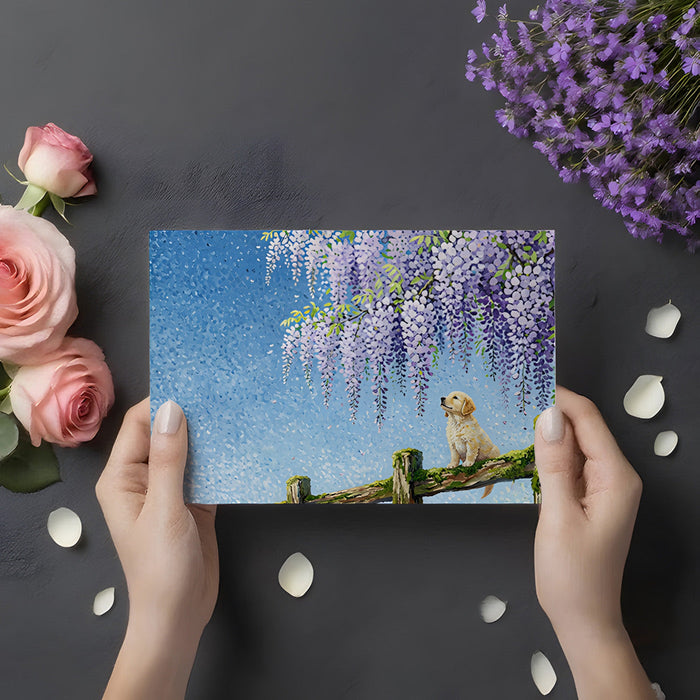 A cozy bedroom interior featuring the impressionistic wisteria and puppy wall mural.