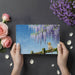 A cozy bedroom interior featuring the impressionistic wisteria and puppy wall mural.