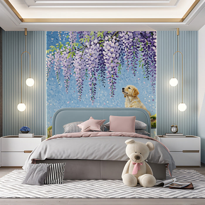 A bright playroom area accented by the whimsical puppy and flower wall mural.