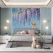 A bright playroom area accented by the whimsical puppy and flower wall mural.