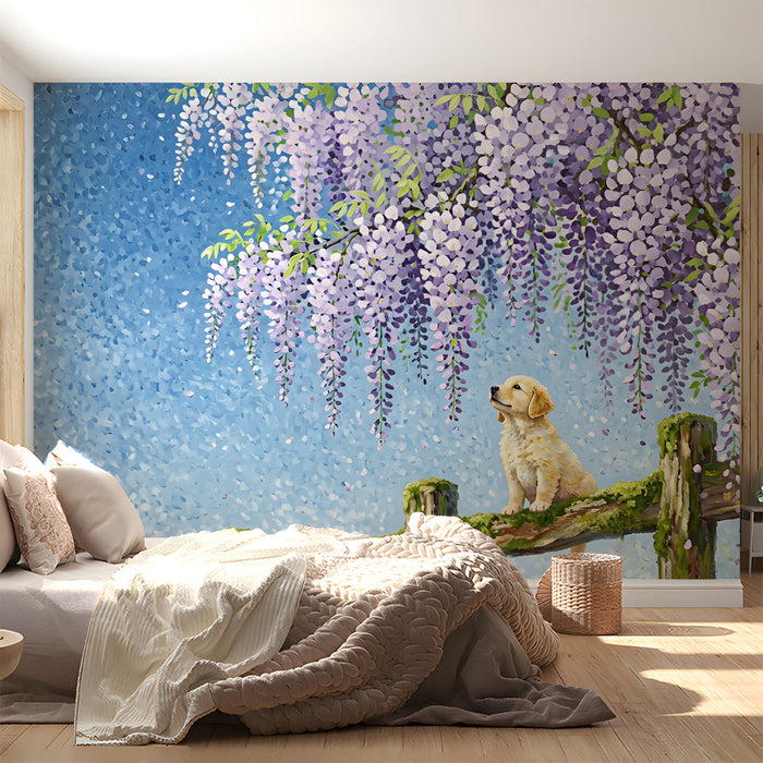 The puppy and wisteria mural installed in a cheerful nursery with light wood furniture.