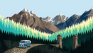 Graphic illustration of a vintage blue camper van driving on a stone road through a forest with mountain peaks.