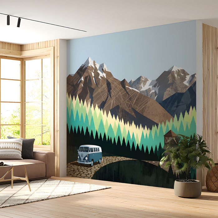 A cozy study decorated with a mountain and forest mural, creating a travel-inspired atmosphere.