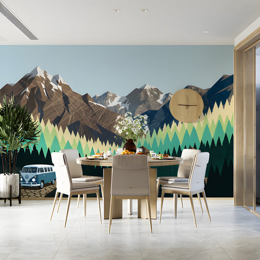 A bright child's dining room featuring a mountain road mural on the main wall behind a wooden bed frame.